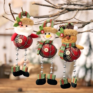 Christmas Plaid Fabric Hanging Ornaments Plush Santa Snowman Reindeer With Bead Legs Wooden Button Festive Holiday Decor