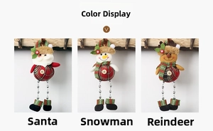 Detailed view of Santa, Snowman and Reindeer ornaments with beaded legs and plaid fabric