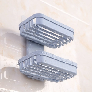 Blue double-layer wheat straw soap holder with wall-mounted suction and drainage design