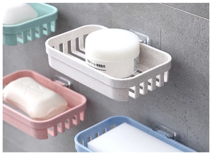 Wall-mounted wheat straw soap dishes with drainage slots in four pastel colors