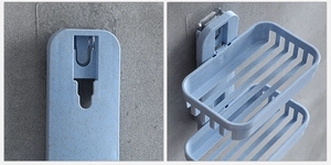 Dual-layer wheat straw soap holder with wall-mounted adhesive and drainage detail