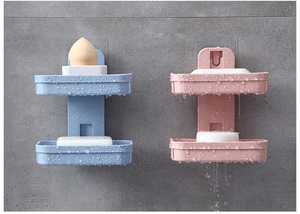 Dual-layer wheat straw soap holder with waterproof drainage on grey stone wall