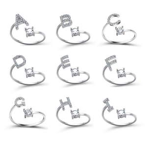 Adjustable silver letter rings A-I with zircon inlay in a professional 3x3 matrix layout