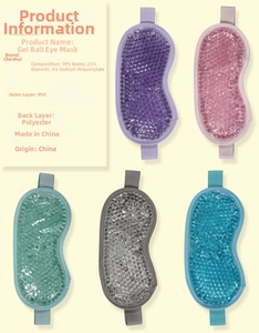 Detail view of colorful gel bead eye masks with composition and material breakdown