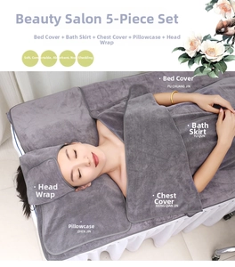 Detailed view of the 5-piece grey microfiber beauty salon spa towel and wrap set