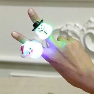 LED Christmas rings with glowing Santa Claus and snowman designs on fingers