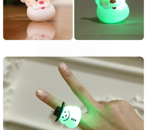 Detail of Christmas LED glowing rings featuring Santa and snowman cartoon characters