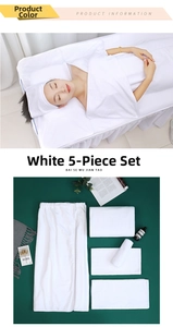 Detailed view of 5-piece white microfiber spa set including wrap towel and headband
