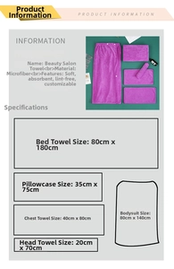 Detailed size specifications for microfiber beauty salon towel set including bath wrap