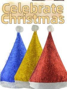 Detailed view of sparkly Christmas hats in red, blue, and gold with plush white trim