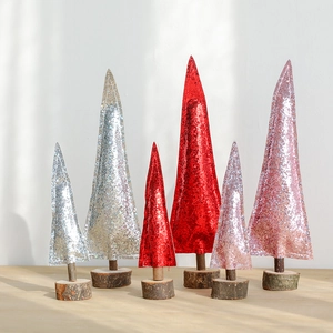 Mini Christmas Tree Desktop Ornament Sequin Glitter Fabric With Natural Wooden Base Festive Tabletop Holiday Decoration