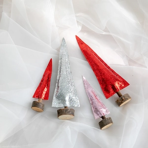 Mini glitter Christmas trees in pink silver red with natural wood base ornaments