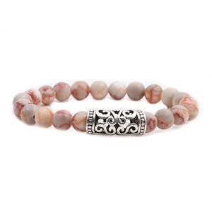 Red marble-textured beaded bracelet with a vintage silver filigree tube centerpiece