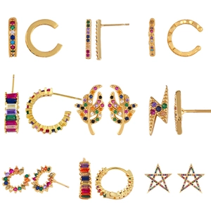 Gold geometric earrings set with colorful cubic zirconia in heart and star shapes
