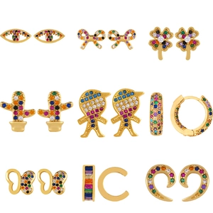 Nine-piece gold-plated earring set with colorful cubic zirconia in geometric heart shapes