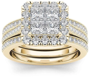 Set di 3 anelli placcati in oro con zircone taglio princess e dettagli pavé halo