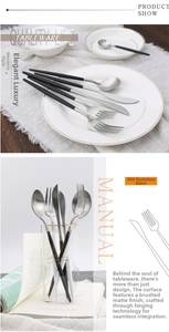 Detail showing brushed 304 stainless steel matte cutlery set with slim black handles