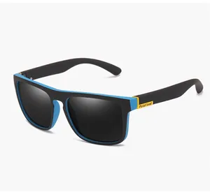 Detailed side view of black and blue polarized sports sunglasses with square matte frame