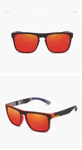 Close-up of polarized sports sunglasses with black matte frame and red mirrored lenses