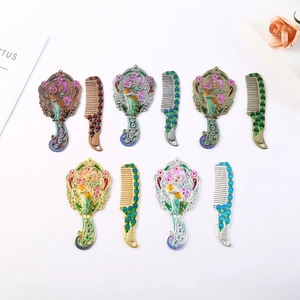 5-piece vintage peacock handheld mirror and comb set with ornate colorful enamel detail