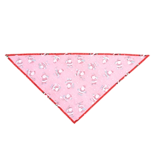 Pink Christmas pet bandana with cartoon Santa Claus patterns and red stitched edges