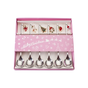 6-piece stainless steel Christmas coffee spoon set with festive pendants in a pink gift box