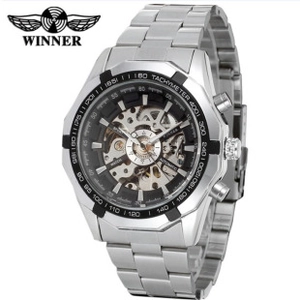 Close-up of skeleton automatic mechanical watch featuring stainless steel band and tachymeter