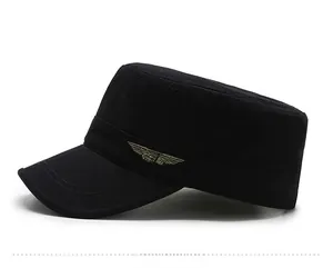 Side view of black cotton cadet cap with detailed wing and star embroidery