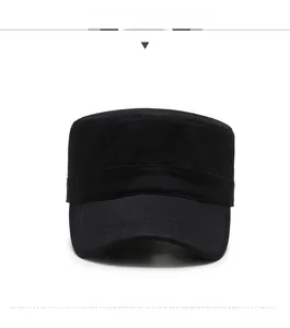 Front view of black cotton flat top army cap featuring a red wing star emblem