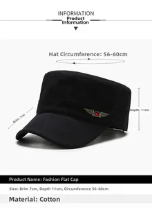 Detailed dimensions of black cotton military cap with gold wing embroidery and red star