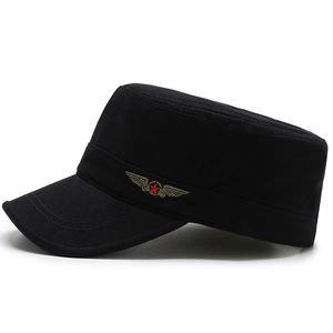 Classic black cotton military flat top cap for men with red star embroidered badge