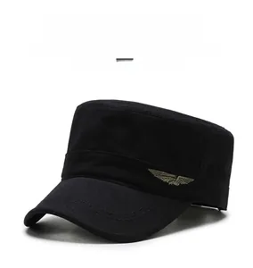 Close-up of side view wing and red star embroidery on black cotton military cadet cap