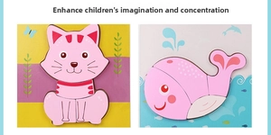 Close-up of pink cat and whale wooden puzzles showing thick pieces and matching slots