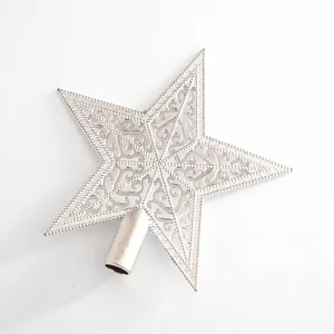 Silver hollow christmas tree topper star with elegant scrollwork and tree mount base