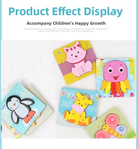 Detail view of colorful wooden animal puzzles with grip pegs for toddler learning