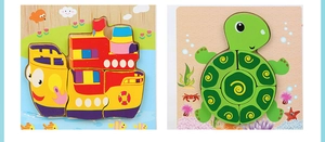Detailed view of educational wooden puzzles featuring colorful ship and turtle designs