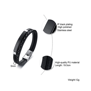 Men's black braided PU leather bracelet with polished IP black stainless steel buckle