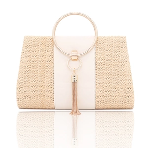 Woven Straw Evening Bag With Gold Metal Ring Handle And Tassel Women Clutch Handbag PU Leather Contrast Style