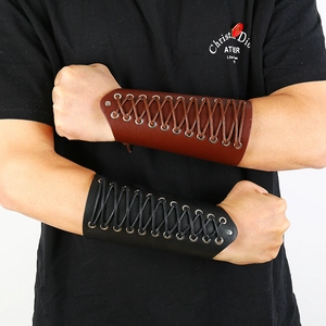 Medieval punk faux leather bracers with metal eyelets and adjustable lacing for cosplay