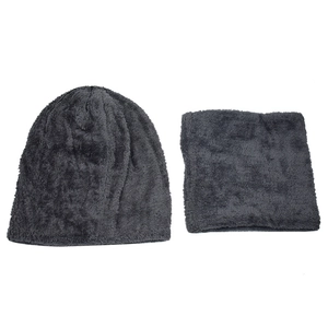 Detail view of dark grey winter knitted hat and neck warmer set with soft plush lining