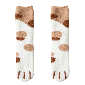 Winter thick coral fleece crew socks with cute cat paw patterns in brown and white
