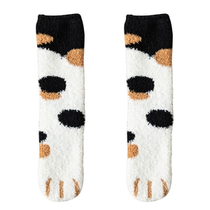 Thick coral fleece cat paw thermal socks in tricolor ginger white and black pattern