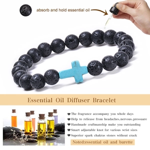 Lava rock bracelet with turquoise cross and essential oil diffusing beads for women
