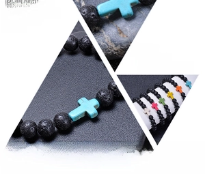 Close-up of natural lava rock beads and colorful turquoise cross bracelets in detail