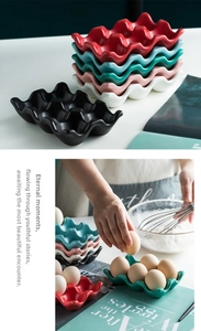 Macro detail of wave-shaped 6-slot ceramic egg trays in multiple glossy glaze finishes