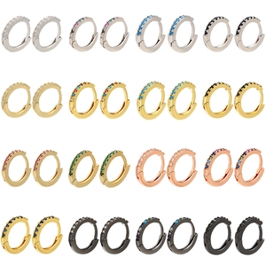 Assorted gold and silver small hoop earrings with colorful zircon stones in a grid view