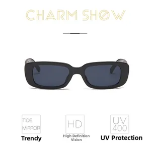 Detail view of black rectangular sunglasses frame featuring UV400 HD protective lenses