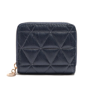 Close-up of deep blue women's wallet with geometric quilting and gold ring zipper