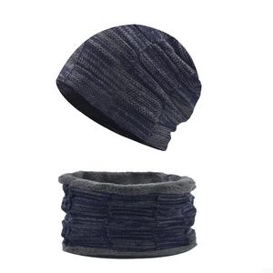 Detail view of winter knit beanie and neck gaiter set with thick fleece lining for warmth