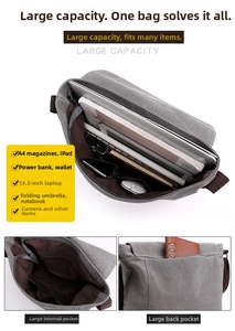 Men's canvas messenger bag detail showing large capacity for a 13.3-inch laptop and A4 magazine